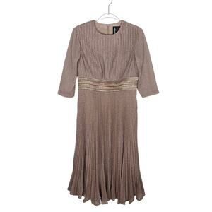 Mac Duggal Rose Gold Metallic Pleated Midi Dress Embellished Waist 3/4 Sleeve